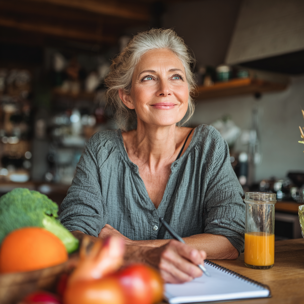 Жена на 55 години, седяща на кухненската маса и планираща здравословни ястия с усмивка