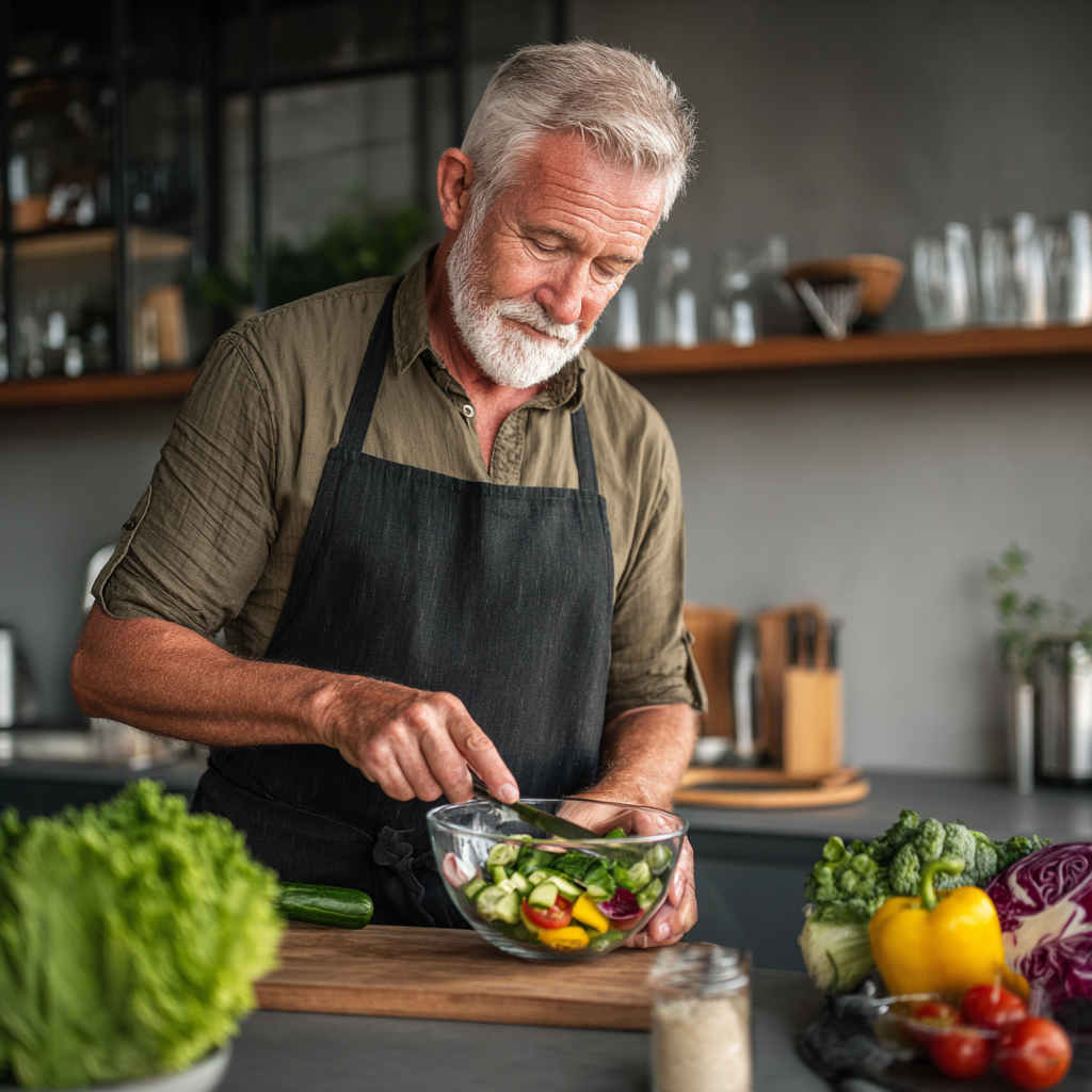Мъж на 60 години в кухнята, приготвящ здравословна салата според персонализиран план