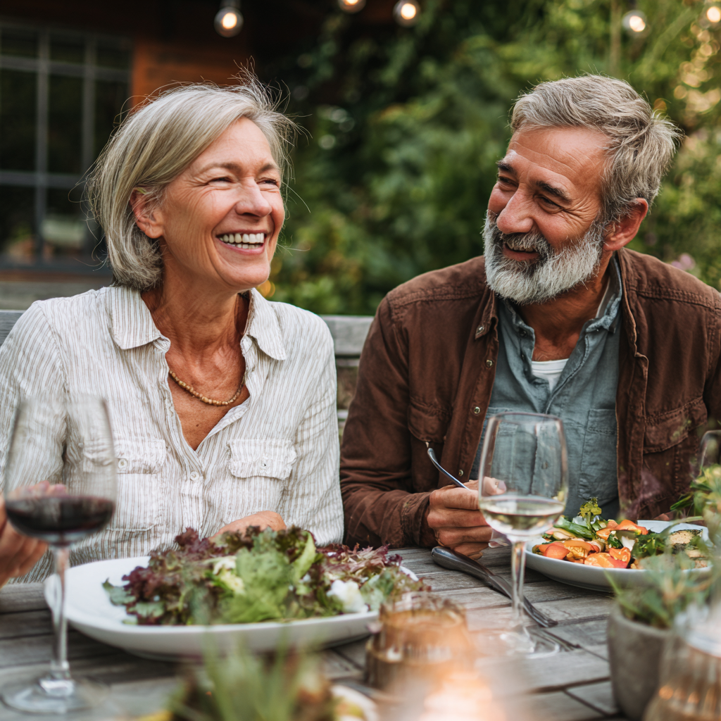 Двойка на 58 години, наслаждавайки се на здравословна храна на открито с радостно изражение
